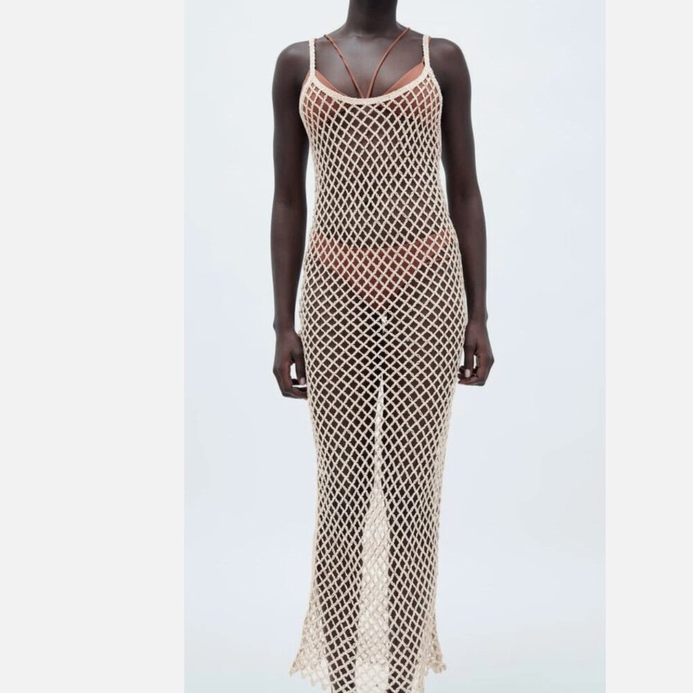 Zara Beige Sequinned Crochet Dress Beach Cover Size XS/S